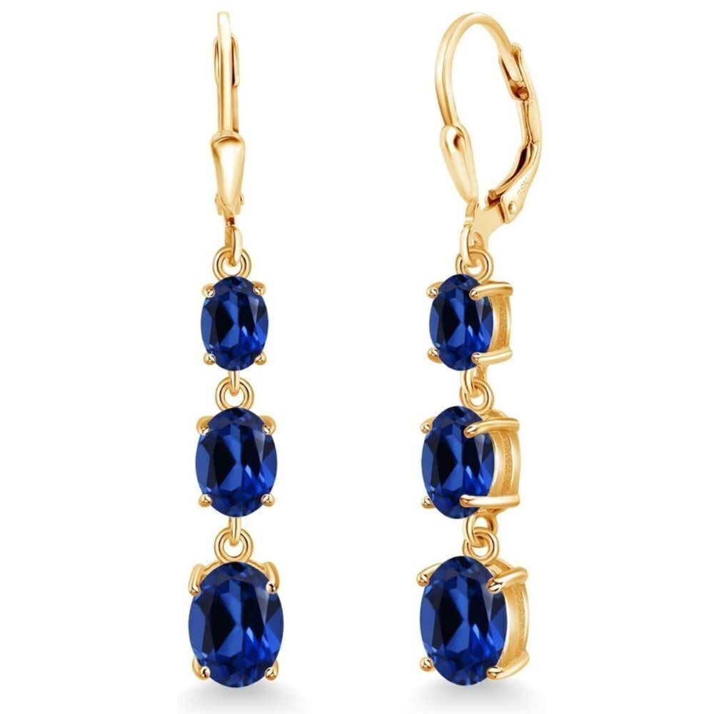 18K Yellow Gold with 6.40 Cttw 3 Stone Royal Blue Sapphire Leverback Earrings